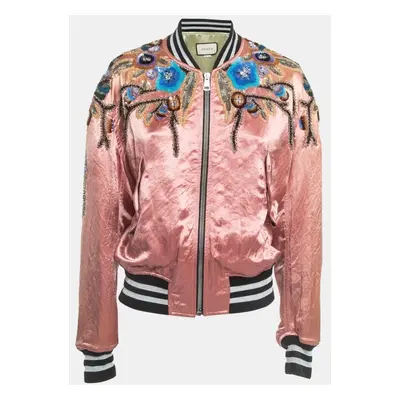 Gucci Pink Floral Sequin Embroidered Satin Bomber Jacket