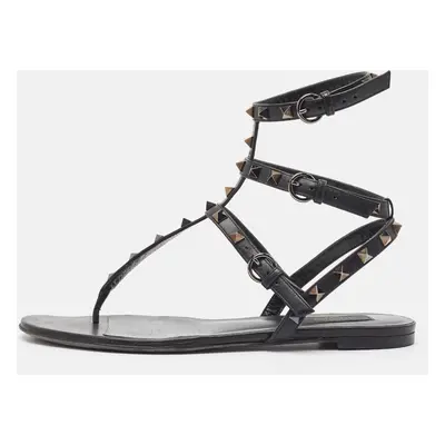 Valentino Black Leather Rockstud Ankle Strap Flats Size