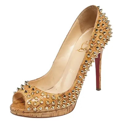 Christian Louboutin Beige Cork Spike Peep Toe Platform Pumps Size 37.5