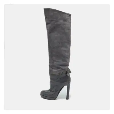 Sergio Rossi Grey Suede and Snakeskin Thigh High Boots Size