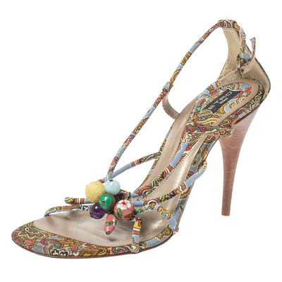 Etro Multicolor Fabric Paisley Print Strappy Embellished Open Toe Ankle Strap Sandals Size