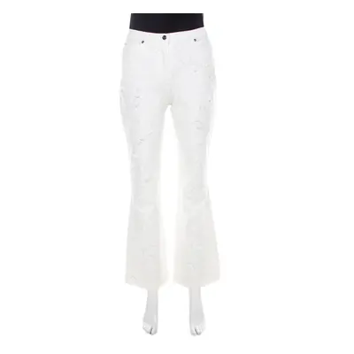 Escada White Cotton Denim Sequined Rosette Applique Flared Jeans