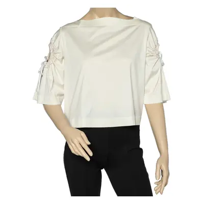 Sportmax Off White Cotton Knit Sleeve Tie Detail Crop Top