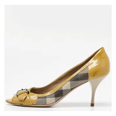 Burberry Grey/Yellow Smoked Check PVC and Patent Leather Embellished Open Toe Pumps Size