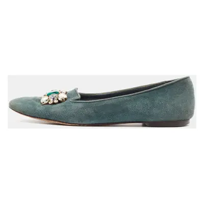 Dolce & Gabbana Green Suede Crystal Embellished Flats Size