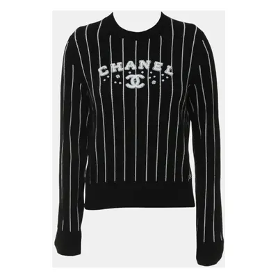 Chanel Black Crew Neck Stripes Logo Sweater