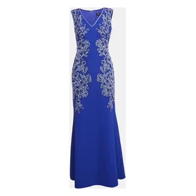 Tadashi Shoji Blue Floral Embroidery Textured Crepe Sleeveless Gown