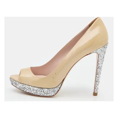 Miu Miu Beige/Silver Patent Leather and Glitter Peep Toe Platform Pumps Size