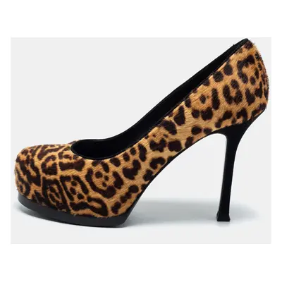 Yves Saint Laurent Beige/Brown Leopard Print Calf Hair Tribtoo Pumps Size