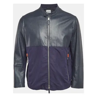 Armani Collezioni Blue Perforate Leather and Cotton Zip-Up Jacket