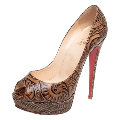 Christian Louboutin Brown Printed Leather Altadama Platform Peep Toe Pumps Size