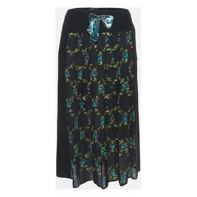 Elisabetta Franchi Black Floral Print Crepe Pleated Semi Sheer Midi Skirt