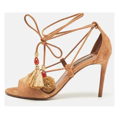 Dolce & Gabbana Brown Suede Pom Pom Detail Tie Up Sandals Size 37.5