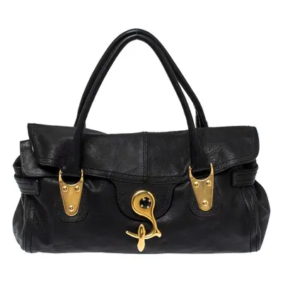 Valentino Black Soft Leather Clasp Flap Satchel