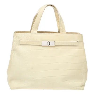 Furla Light Cream Croc Embossed Leather Presslock Tote