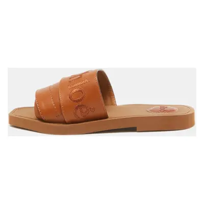 Chloe Brown Leather Logo Embroidered Woody Flat Slides Size