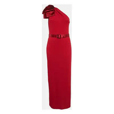 St. John Red Rib Knit Bow One Shoulder Belted Maxi Dress