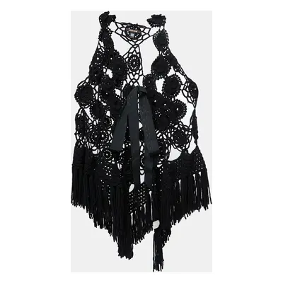 Roberto Cavalli Black Wool Crochet Tie Front Sleeveless Vest One Size