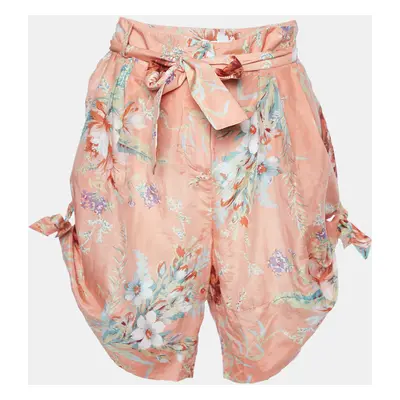 Zimmermann Orange Anais Antique Floral Print Silk Blend Belted Shorts