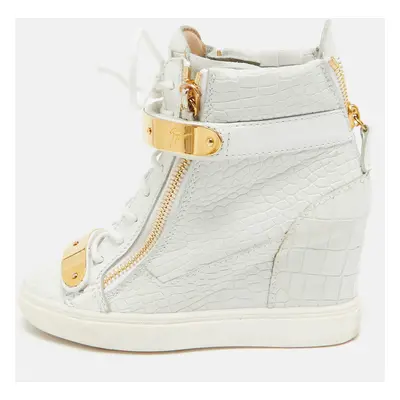 Giuseppe Zanotti White Croc Embossed Leather Lorenz Wedge High Top Sneakers Size