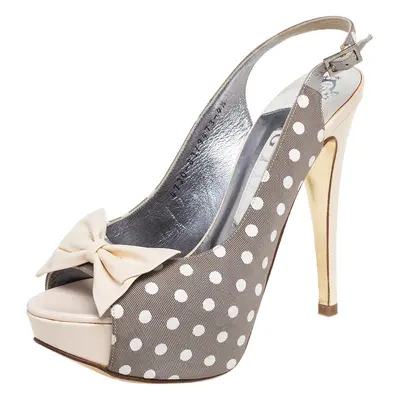 Gina Grey/Cream Polka Canvas And Patent Leather Bow Open Toe Sandals Size 37.5