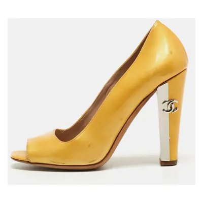 Chanel Yellow Patent Leather Peep Toe Block Heel Pumps Size