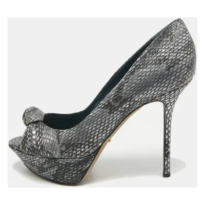 Sergio Rossi Grey/Blue Metallic Python Embossed Peep Toe Pumps Size