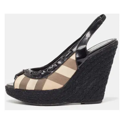 Burberry Black/Beige Canvas and Patent Wedge Sandals Size