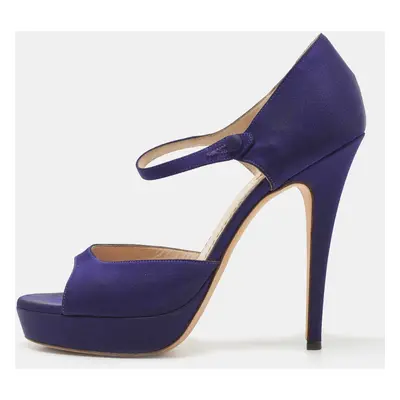 Saint Laurent Navy Blue Satin Ankle Strap Platform Open Toe Pumps Size 38.5