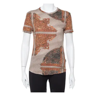 Just Cavalli Brown & Beige Printed Knit Short Sleeve Top