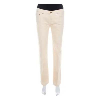 Roberto Cavalli Cream Cotton Denim Crinkled Effect Jeans