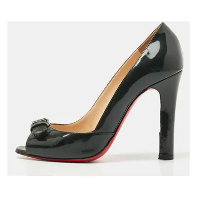 Christian Louboutin Dark Green Patent Leather Open Belt Peep Toe Pumps Size