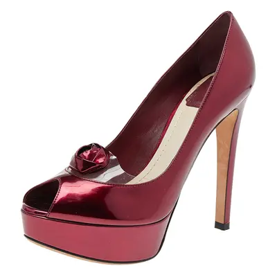 Dior Burgundy Patent Leather Flower Platform Pumps Size 37.5