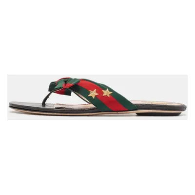 Gucci Red/Green Web Canvas Star Bow Flat Slides Size 37.5