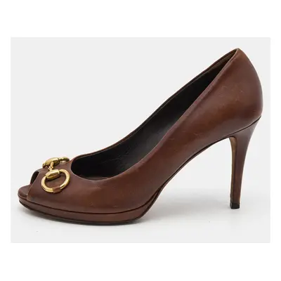 Gucci Brown Leather Hollywood Peep Toe Pumps Size