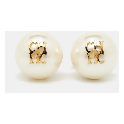 Carolina Herrera CH Faux Pearl Gold Tone Stud Earrings