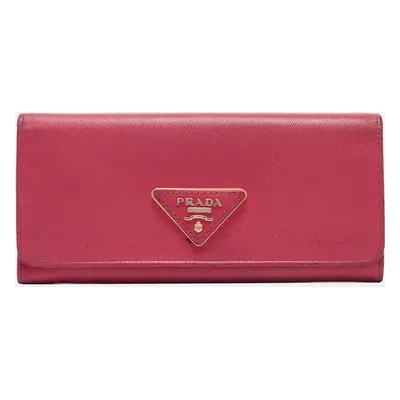 Prada Pink Saffiano Metal Leather Triangle Logo Flap Continental Wallet