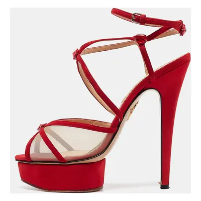 Charlotte Olympia Red Suede and Mesh Crystal Isadora Sandals Size