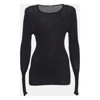 Balmain Black Rib Knit Button Detail Sweater