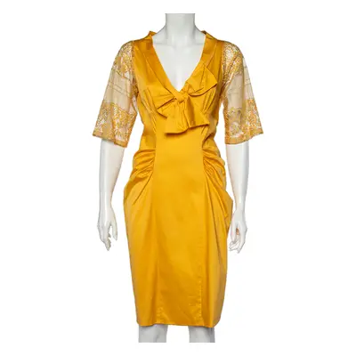 Moschino Yellow Cotton And Lace Sleeve Bow Detail Midi Dress