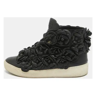 Chanel Black Leather Camelia High Top Sneakers Size 38.5