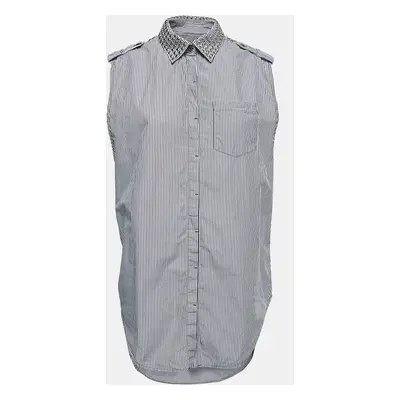 Pierre Balmain Blue Striped Cotton Studded Detail Button Front Sleeveless Shirt