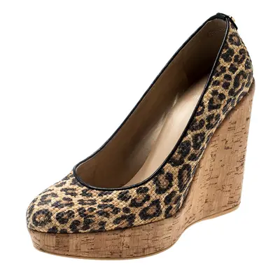 Stuart Weitzman Beige/Black Leopard Print Raffia Platform Wedge Pumps Size 38.5