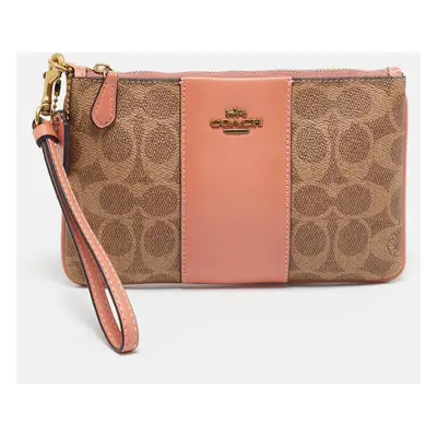 Coach Beige/Peach Signature Coated Canvas and Leather Zip Wristlet Pouch