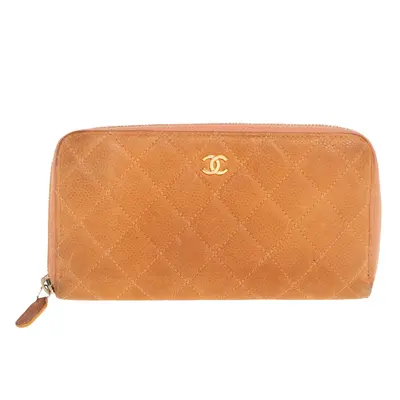 Chanel Orange Quilted Caviar Suede CC Zip Around Wallet