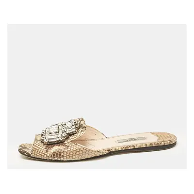 Prada Beige/Brown Python Leather Crystal Embellished Flat Sandals Size