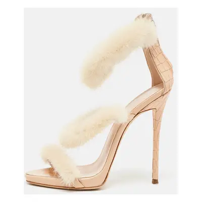 Giuseppe Zanotti Beige Mink Fur and Textured Leather Ankle Strap Sandals Size