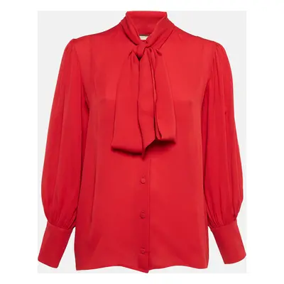 Gucci Red Satin Silk Tie-Up Neck Blouse