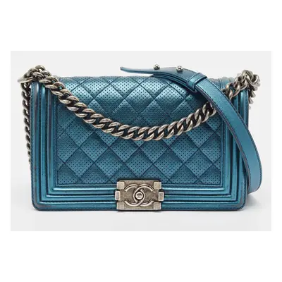 Chanel Metallic Blue Perforated Quilted Leather Medium Boy Flap Bag