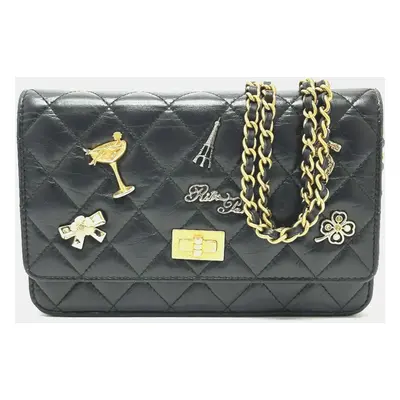 Chanel Black Aged Calfskin Quilted Lucky Charms 2.55 Reissue Wallet On Chain